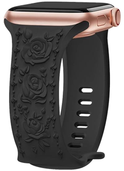Siliconen bandje - geschikt voor Apple Watch 1/2/3/4/5/6/7/8/9/10/11/ SE (1,2,3) met maat 38 mm / 40 mm / 41 mm en 42 mm (Watch 10/11) - rozen patroon - zwart