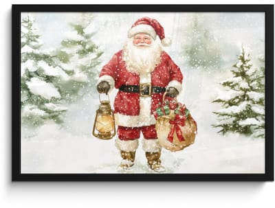 Poster in lijst - Fotolijst 60x40 cm - Posters - Kerstman- Winter - Sneeuw - Wit - Rood - Posterlijst zwart - Decoratie - Wanddecoratie woonkamer - Muurdecoratie slaapkamer - Kerstversiering - Kerstdecoratie voor binnen - Kerstmis