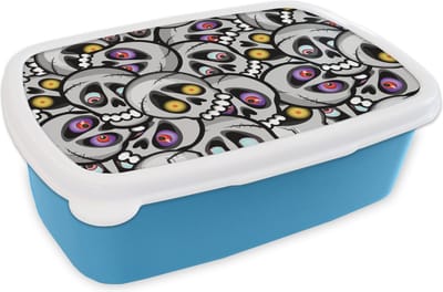 Broodtrommel Blauw - Lunchbox - Brooddoos - Schedel - Patroon - Ogen - 18x12x6 cm - Kinderen - Jongen