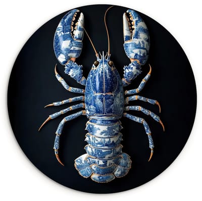 WallCircle® Wandcirkel 120x120 cm - Muurcirkel Kreeft - Delftsblauw - Schild - Stoer - Muurdecoratie woonkamer - Wanddecoratie slaapkamer - Kamer decoratie accessoires - Ronde schilderijen XXL