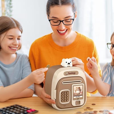 Elektronische kassa met vingerafdruk, Geschikt voor kinderen met muziekkluis, ATM-munten, (lichtbruin) 18*13cm