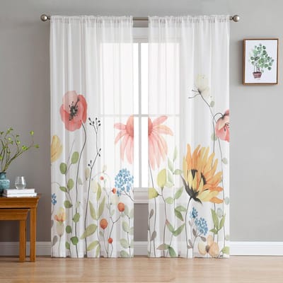 Lente Aquarel Bloem Bladeren Transparante Gordijnen Voor Woonkamer Slaapkamer Kinderkamer Tule Raambekleding Gordijnen 135W x 114H(cm) white