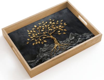 Dienblad hout 40x30 cm - Schootdienblad - Bladeren - Goud - Boom - Rots - Borrelplank rechthoek - Plateau dienbladen