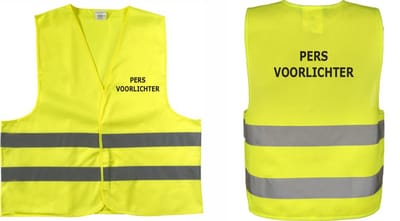 EIZOOK Veiligheidshesje-veiligheidsvest-PERS VOORLICHTER-BEDRUKT Voor en Achterzijde Geel - EN ISO20471 -Specialties By Eizook