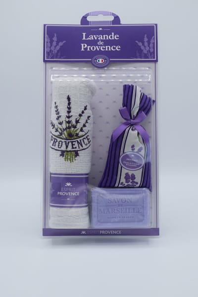 Lavendelgeschenk theedoek + zeepje 60 gram + geurzakje