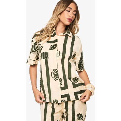 boohoo Dames Shell Print Linnen Resort Shirt | Ecru | Maat: 6