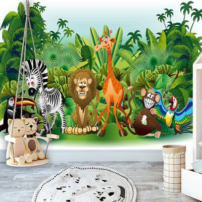 200cm X 140cm - Fotobehang - Dieren uit de Jungle, premium print vliesbehang