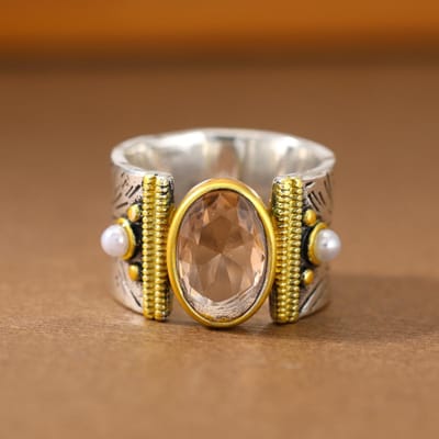Bague vintage surdimensionnée à mailles larges avec pierres précieuses - Matériau en cuivre - Exquise bague créative bicolore pour femme 10 beige