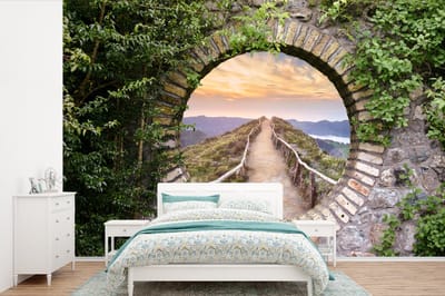 Behang - Fotobehang Brug - Zee - Doorkijk - Zomer - Breedte 330 cm x hoogte 220 cm