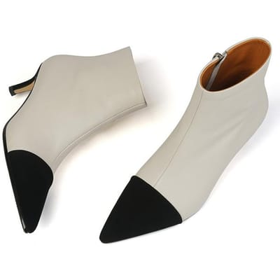 Chaussures d'hiver pour femmes en cuir véritable, bottines de couleurs mélangées, fermeture éclair concise, bottes à bout pointu pour femmes, talons fins Zapatos De Mujer 39 beige