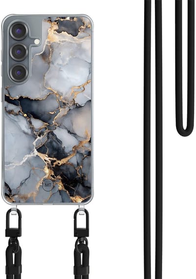 Hoesje met koord geschikt voor Samsung Galaxy S25 - Marble mist - Inclusief Zwart koord - Crossbody beschermhoes - Transparant, Grijs, Goud - Mooie Telefoonhoesjes