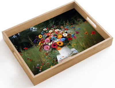 Dienblad hout 40x30 cm - Schootdienblad - Bloemen - Krukje - Gieter - Veld - Borrelplank rechthoek - Plateau dienbladen