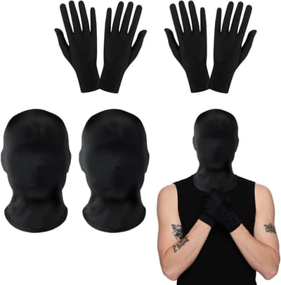 Set van 4 Volledige Gezichtsmaskers voor Halloween - Unisex Zwart Hoofdmasker met 2 Paar Handschoenen voor Feest, Carnaval en Verkleedpartijen