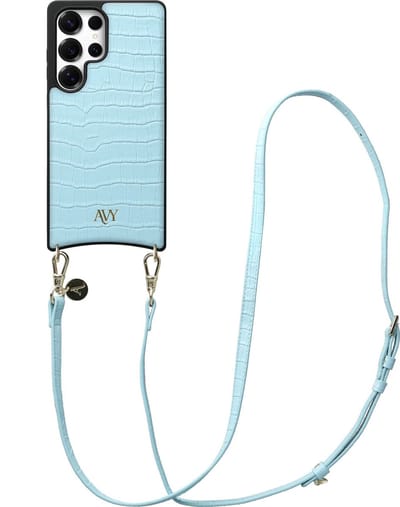 AVY Leren Hoesje Geschikt voor Samsung Galaxy S25 Ultra | Compatibel met MagSafe | Leather Case met Telefoonkoord | Crossbody | Croco Blauw | Long Leather