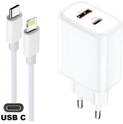 OneOne 36W snellader met 2 poorten + 1,2m OneOne USB C naar Lightning kabel. Witte PD PPS lader. GAN oplader adapter past op iPhone 8 t/m iPhone 14