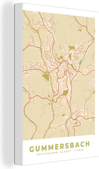 Canvas Schilderij Kaart - Gummersbach - Stadskaart - Plattegrond - Vintage - 20x30 cm - Wanddecoratie