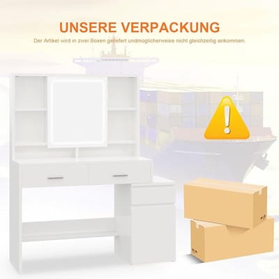 Make-up Schminktisch mit LED Spiegel 120 cm – Moderner Kosmetik Tisch mit 5 Schubladen, Ablagen, Steckdosen & Glasplatte – Dimmbare 3-Farb-Beleuchtung, Eiche – Afmetingen op aanvraag – Pauwhome