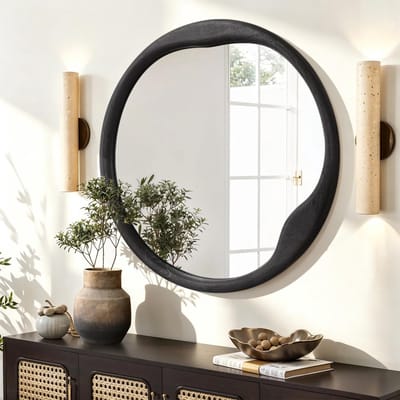 Ronde wandspiegel van 28 inch in zwart met houten lijst voor badkamer, slaapkamer en entree, modern en decoratief