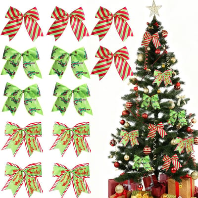JHUBERS- Kerststrikken 12 stuks - Kerstdecoratie - Rode Strikken met Strepenpatroon - Cadeauverpakkingen - Kerstboomdecoratie - Veelzijdige Ontwerpen