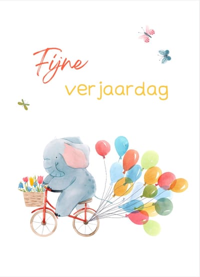 Wenskaart- Olifant met ballonnen- Kaart Fijne verjaardag - Verjaardagskaart voor kinderen- Aquarel tekening- Ansichtkaart met adresregels- kwaliteitskaart 400 grams papier