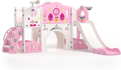 Glijbaan Klimspeelset - Buitenspeelgoed - Kinderen Spelen - 9-in-1 Multifunctioneel - 196 x 160 x 93 cm - Roze