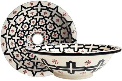 Marokkaanse Handgemaakte Waskom FEZ - Zwart/Wit met Rode Accenten - Keramische Opbouwwasbak Ø 40 cm - Wasbak - Arabische Waskom