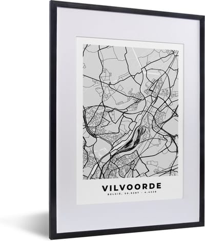 Fotolijst incl. Poster Zwart Wit- Plattegrond – Vilvoorde – Zwart Wit – Stadskaart - Kaart - 30x40 cm - Posterlijst