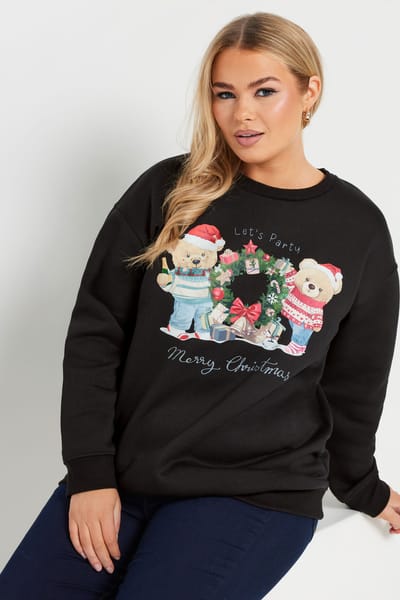 Yours Sweatshirt Met Teddybeer Kerstprint In Zwart Size 48