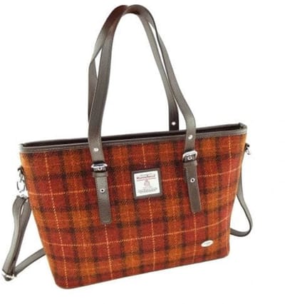 Schoudertas Spey Tote bag Bruin met Oranje - Groot - Ritssluiting - Harris Tweed - Glen Appin of Scotland