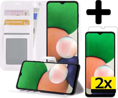 Hoesje - Met 2x Screenprotector - Geschikt voor Samsung Galaxy M22 - Luxe Pasjeshouder - Bookcase Portemonee - Flip Case - Kunstleer Book Case - Flipcase Hoes - Book Cover - Walletcase - Portemonneehoes - Telefoonhoesjes - Wit