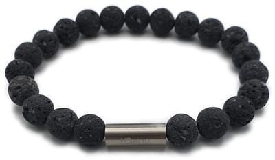 H-Beau - Handgemaakte Armband van Edelstenen/Natuurstenen - Lavasteen kralen- Dames - Unisex - RVS Kraal - 8mm - lengte 18cm - Antraciet/grijs