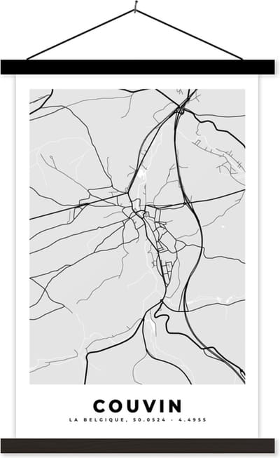 Posterhanger incl. Poster 40x60 cm - Schoolplaat - Stadskaart – Zwart Wit - Kaart – Couvin – België – Plattegrond - Textielposter - Zwarte latten - Stadskaart