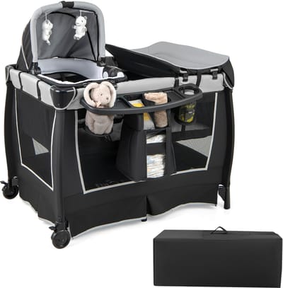 COSTWAY Draagbare baby reisbed, 4 in 1 cabrio box met wieg, wisseltafel, opvouwbaar wieg bed & activiteitencentrum, pasgeboren reisbed met schattig speelgoed & muziekcentrum, opbergrek met grote capaciteit, draagtas (Grijs)
