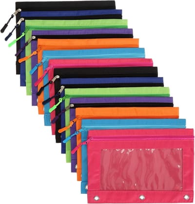 Etui met Ringen - Potlood Tas - School Kantoor - 14 Vakken Helder Venster - 25 x 18.5 cm - Roze