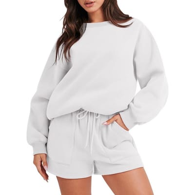 2 Stuks/Set Dames Sweatshirt Shorts Set Losse Effen Kleur Trekkoord Elastische Taille Lange Mouw Ronde Hals Elastische Manchet Zacht Zak XXXL white