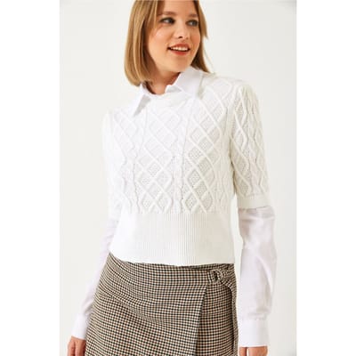 Gebreid Textuur Cropped Trui met Blousekraag