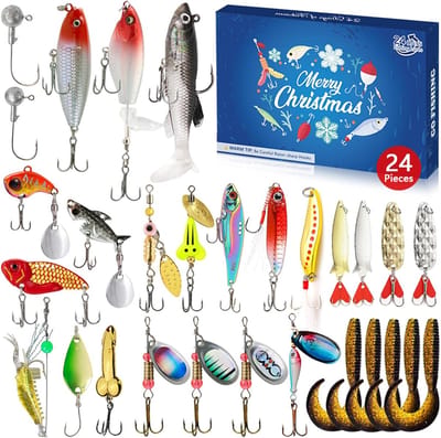 Viskalender, 24-daagse kerstaftelling, Kerstblindbox, Met unieke set visgerei en kunstaas, Een premium kerstcadeau met visaas als verrassing voor vader, opa, broer of vriend, voor Vissers, Volwassenen en Tieners - Cyslmuk®