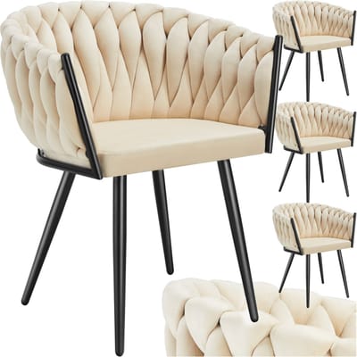 tectake® Set van 4 Fluwelen eetkamerstoelen - Kuipstoel met armleuning in knooplook - Eetkamerstoel - Moderne stoel voor woonkamer en eetkamer - Keukenstoel - Kaptafelstoel - Slaapkamerstoel - Diverse kleuren - Zandkleur