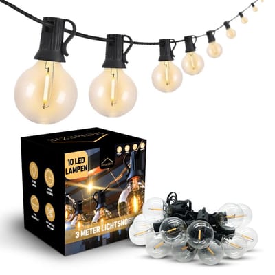 Homezie Lichtsnoer | 3 meter met 10 kunststof LED bulbs | Warm wit | IP44 Spatwaterdicht | Koppelbaar & Dimbaar | Tuinverlichting | Prikkabel