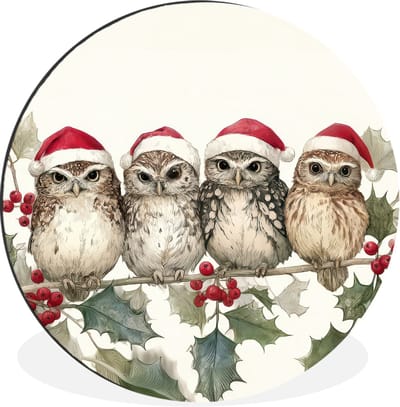 WallCircle - Wandcirkel - Muurcirkel - Uilen - Tak - Hulstblaadjes - Kerstmuts - Aluminium - Dibond - 30x30 cm - Binnen en Buiten
