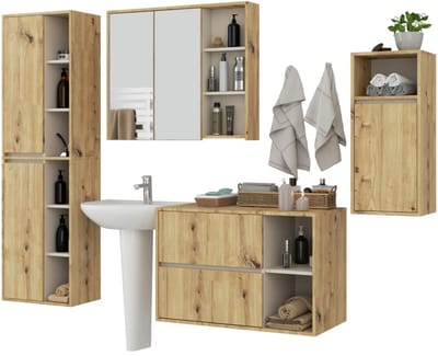 Badkamermeubelset VAMI 4-delige / hangende Badkamerkasten / 21 Planken en 2 Lades / Artisan Eik - Kasjmier / AKORD Furniture Factory