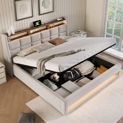 STILVORA Gestoffeerd Bed 180x200 cm – Tweepersoonsbed Met USB En LED – Opklapbare Opbergruimte – Zonder Matras – Stof En Metaal – Beige