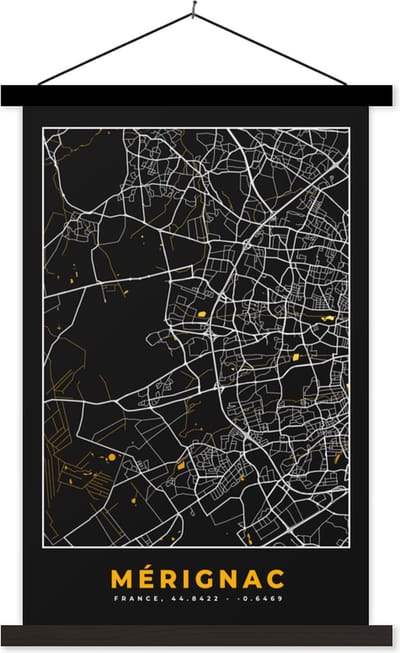 Posterhanger incl. Poster 40x60 cm - Schoolplaat - Plattegrond – Kaart – Stadskaart – Frankrijk – Mérignac - Textielposter - Zwarte latten - Stadskaart