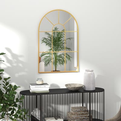 MODFU - Wandspiegel - Gebogen Frame - Decoratief Ontwerp - Voor Woonkamer Of Hal - Metaal - Goud - 91 x 60 cm