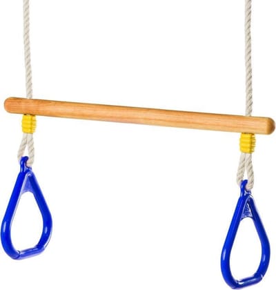 Trapeze  van essen hout behandeld met lijnzaadolie met kunststof driehoekringen blauw