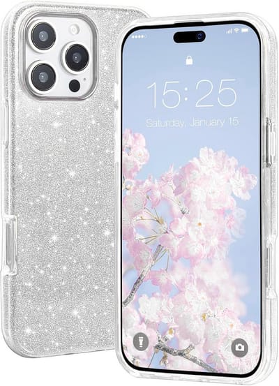 Casemania Hoesje Geschikt voor Apple iPhone 16 Pro - Zilver - Glitter Back Cover
