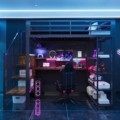 VVBV Ruimtebesparende Hoogslaper 140x200 cm met Planken, Bureau - LED-Verlichting - Metaal Zwart