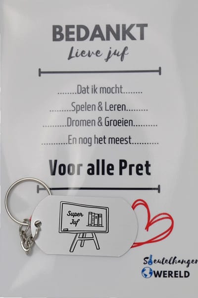 Super juf Sleutelhanger inclusief kaart - juf cadeau – Cadeaupakket Juf - einde schooljaar - afscheid - Leuk kado voor je juf om te geven - 2.9 x 5.4CM