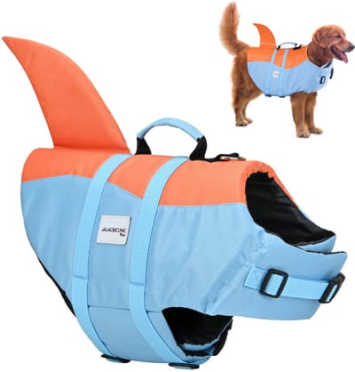 Mobiclinic Sharky - Zwemvesten voor honden - Hondenzwemvest - Verstelbaar harnas - Leiband - 48 x 35 x 67 cm - Tot 18 kg - Handvat - Lichtgewicht - Decoratieve fin - L