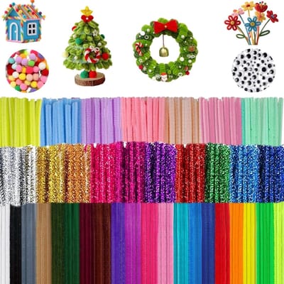 Pack of 400 Pipe Rassers for Crafts, 27 Colours, 200 Chenille Wire, 100 Chenille Thread Pompoms and 100 Wiggle Eyes - ShopVlot